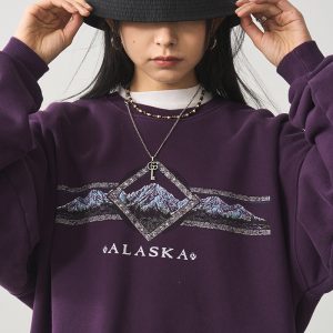 Vintage Letter Print Round Neck Sweatshirt for Women - Purple Loose Fit Versatile Pullover Top, Perfect for Y2K Style