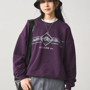 Vintage Letter Print Round Neck Sweatshirt for Women - Purple Loose Fit Versatile Pullover Top, Perfect for Y2K Style