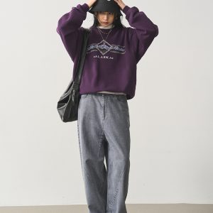 Vintage Letter Print Round Neck Sweatshirt for Women - Purple Loose Fit Versatile Pullover Top, Perfect for Y2K Style