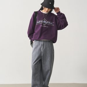 Vintage Letter Print Round Neck Sweatshirt for Women - Purple Loose Fit Versatile Pullover Top, Perfect for Y2K Style