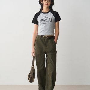 Vintage Letter Print Short Sleeve T-Shirt for Women - 2024 Summer Black Gray Raglan Slim Fit Tee, Y2K Style Fashion Top