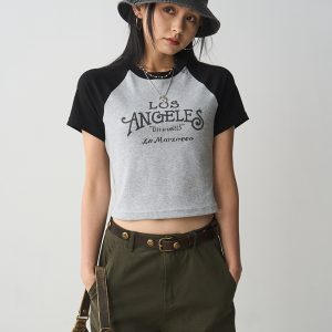 Vintage Letter Print Short Sleeve T-Shirt for Women - 2024 Summer Black Gray Raglan Slim Fit Tee, Y2K Style Fashion Top