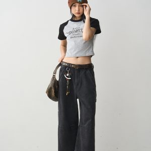 Vintage Letter Print Short Sleeve T-Shirt for Women - 2024 Summer Black Gray Raglan Slim Fit Tee, Y2K Style Fashion Top