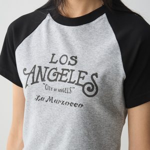 Vintage Letter Print Short Sleeve T-Shirt for Women - 2024 Summer Black Gray Raglan Slim Fit Tee, Y2K Style Fashion Top