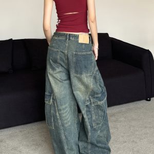 Vintage Loose Wash Blue Wide Pocket Distressed Workwear Jeans with Curved Blade Design - 90s Inspired Floor-Length Style