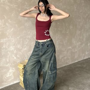 Vintage Loose Wash Blue Wide Pocket Distressed Workwear Jeans with Curved Blade Design - 90s Inspired Floor-Length Style