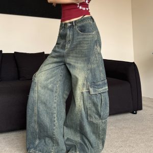 Vintage Loose Wash Blue Wide Pocket Distressed Workwear Jeans with Curved Blade Design - 90s Inspired Floor-Length Style