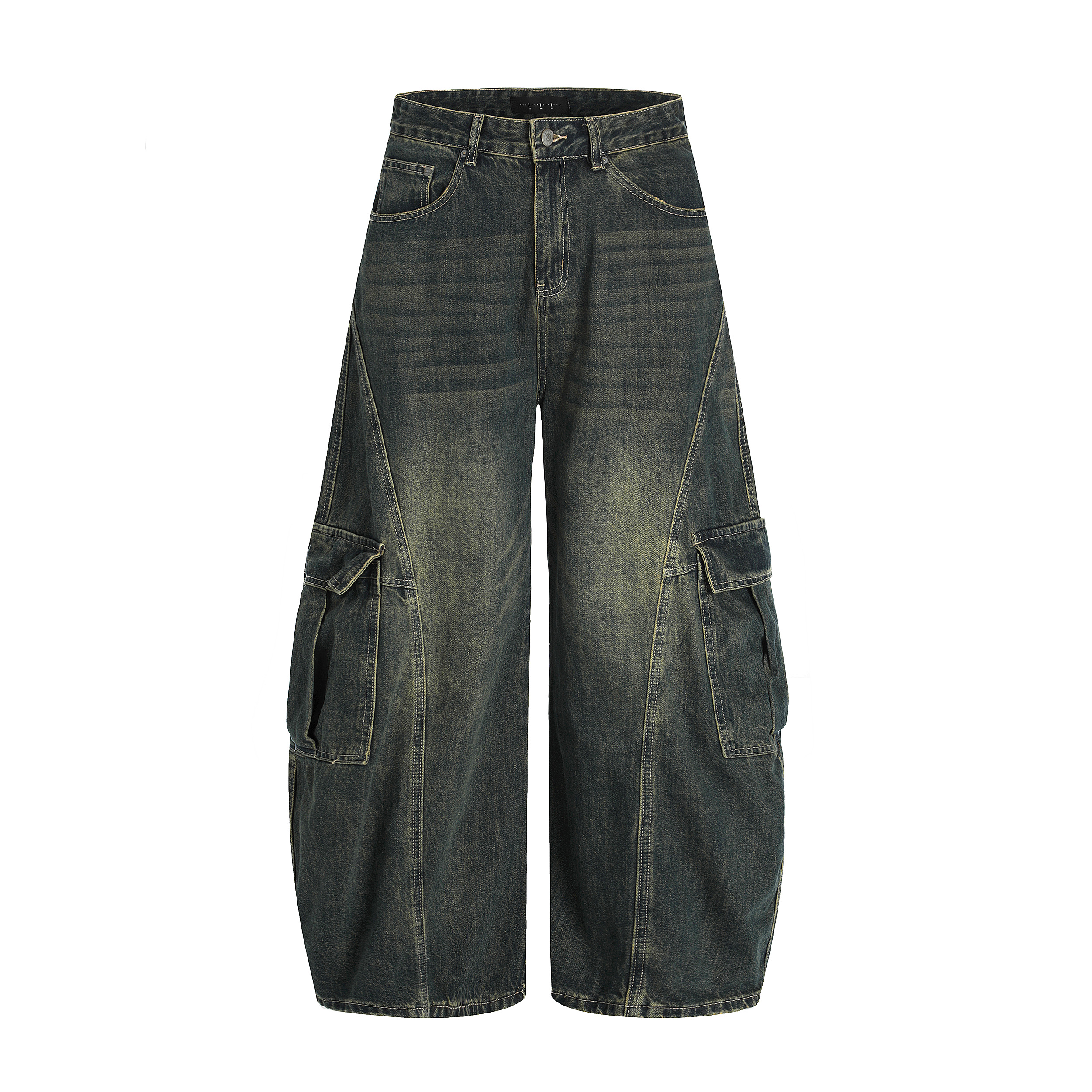 Vintage Loose Wash Blue Wide Pocket Distressed Workwear Jeans with Curved Blade Design - 90s Inspired Floor-Length Style