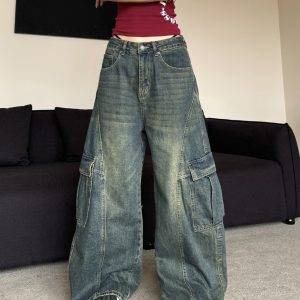 Vintage Loose Wash Blue Wide Pocket Distressed Workwear Jeans with Curved Blade Design - 90s Inspired Floor-Length Style