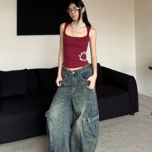 Vintage Loose Wash Blue Wide Pocket Distressed Workwear Jeans with Curved Blade Design - 90s Inspired Floor-Length Style