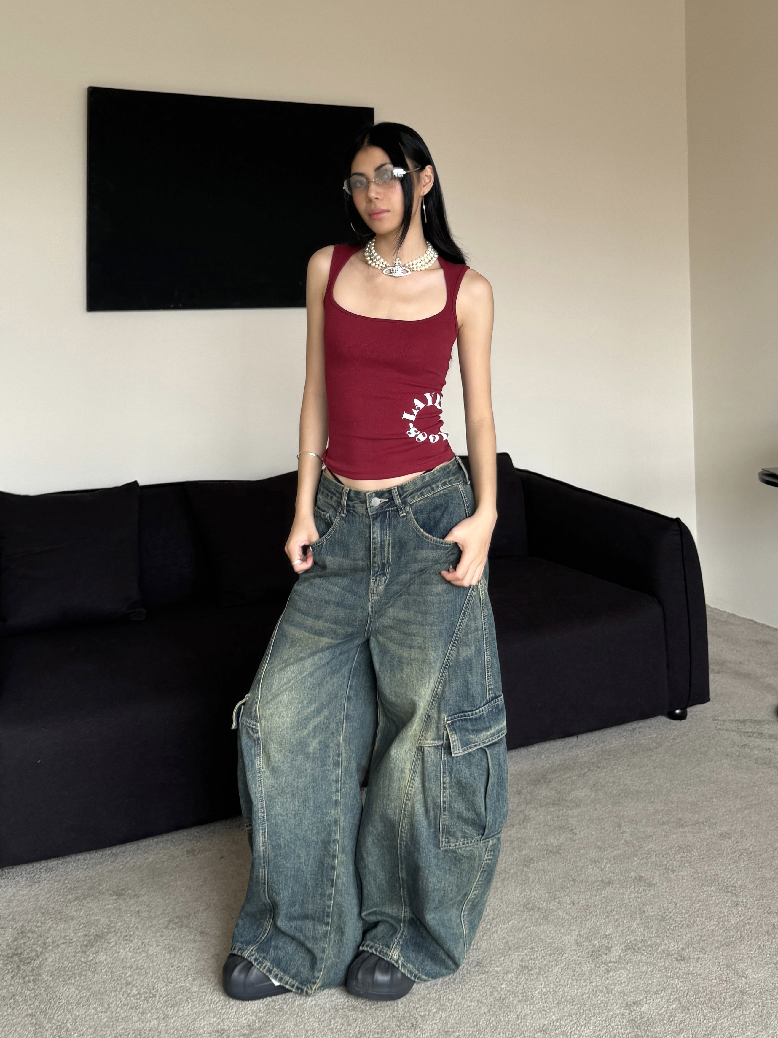Vintage Loose Wash Blue Wide Pocket Distressed Workwear Jeans with Curved Blade Design - 90s Inspired Floor-Length Style