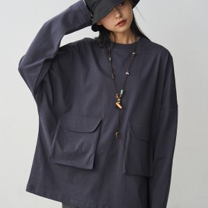 Vintage Niche Style Oversized Long Sleeve T-Shirt for Women with Large Pocket in Dark Blue Pure Cotton, Round Neck, Casual Fashion Top