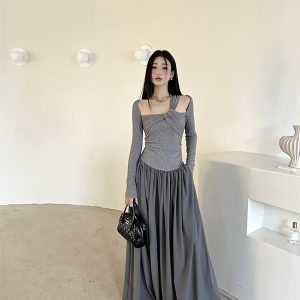 Vintage Off-Shoulder Halter Long Sleeve Dress - Eccentric Spicy Girl Autumn Pleated A-Line Skirt, Waist-Cinching Style