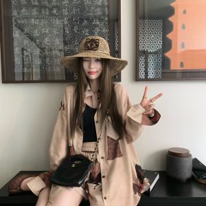 Vintage Oil Painting Print Long Sleeve Shirt and Straight Leg Shorts Set - Y2K Aesthetic Fashion Outfit