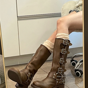 Vintage Over-the-Knee Genuine Leather Chunky Heel Martin Boots for Women - Western Cowboy Style Summer Footwear