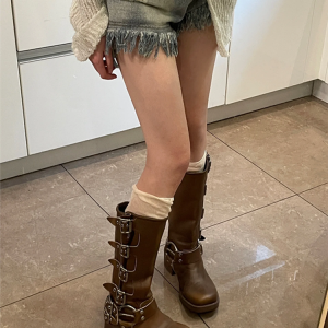 Vintage Over-the-Knee Genuine Leather Chunky Heel Martin Boots for Women - Western Cowboy Style Summer Footwear