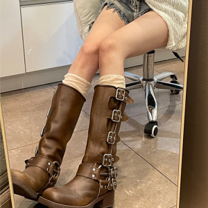 Vintage Over-the-Knee Genuine Leather Chunky Heel Martin Boots for Women - Western Cowboy Style Summer Footwear