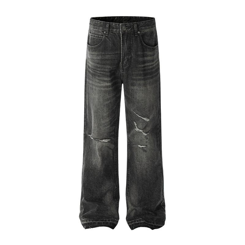 Vintage Paint Stained High Street Denim Jeans with Distressed Rips and Cat Whiskers Detail, Y2K American Style Fashion
