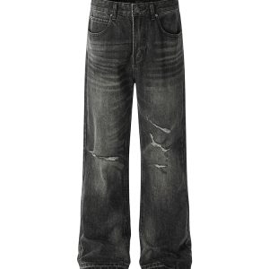 Vintage Paint Stained High Street Denim Jeans with Distressed Rips and Cat Whiskers Detail, Y2K American Style Fashion
