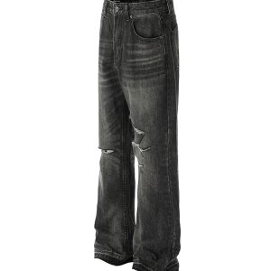 Vintage Paint Stained High Street Denim Jeans with Distressed Rips and Cat Whiskers Detail, Y2K American Style Fashion