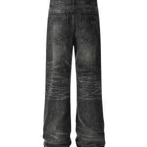 Vintage Paint Stained High Street Denim Jeans with Distressed Rips and Cat Whiskers Detail, Y2K American Style Fashion