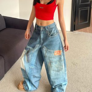 Vintage Patchwork Printed Denim Pants - Oversized Loose Wide-Leg Hip-Hop Style for High Street Fashion