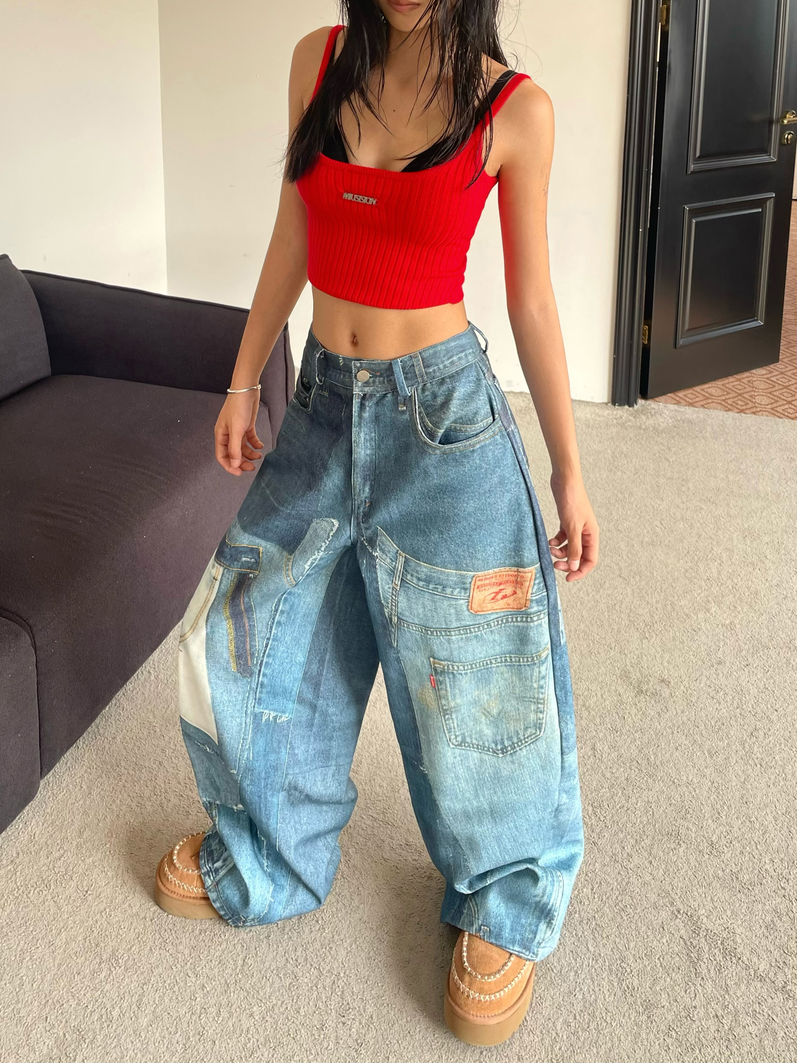 Vintage Patchwork Printed Denim Pants - Oversized Loose Wide-Leg Hip-Hop Style for High Street Fashion