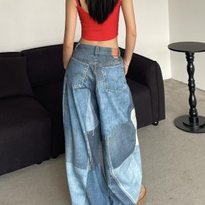 Vintage Patchwork Printed Denim Pants - Oversized Loose Wide-Leg Hip-Hop Style for High Street Fashion