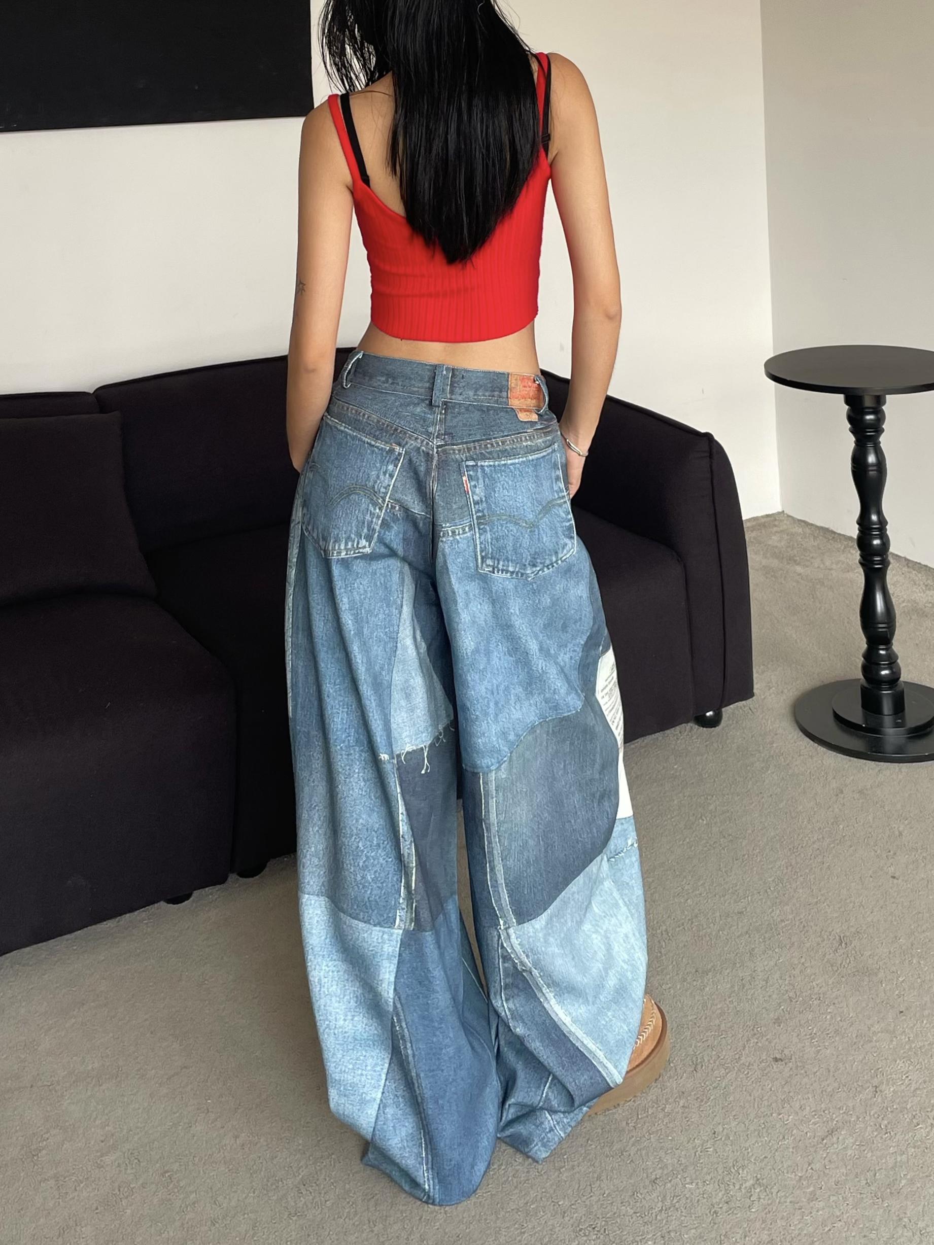 Vintage Patchwork Printed Denim Pants - Oversized Loose Wide-Leg Hip-Hop Style for High Street Fashion