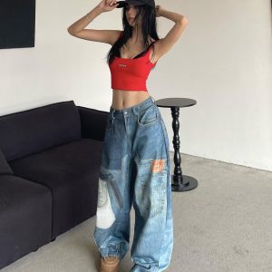 Vintage Patchwork Printed Denim Pants - Oversized Loose Wide-Leg Hip-Hop Style for High Street Fashion