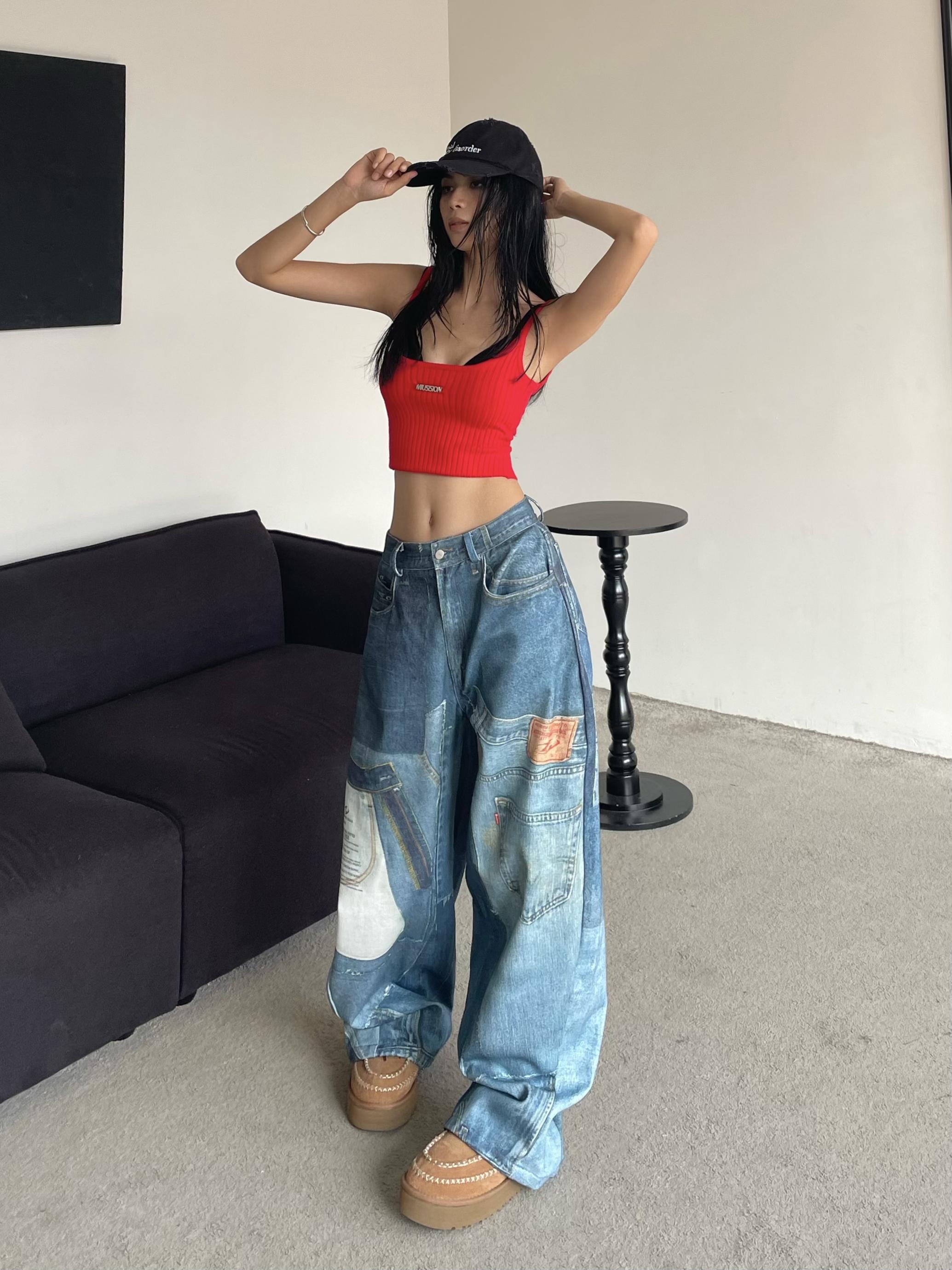 Vintage Patchwork Printed Denim Pants - Oversized Loose Wide-Leg Hip-Hop Style for High Street Fashion