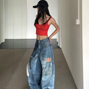 Vintage Patchwork Printed Denim Pants - Oversized Loose Wide-Leg Hip-Hop Style for High Street Fashion