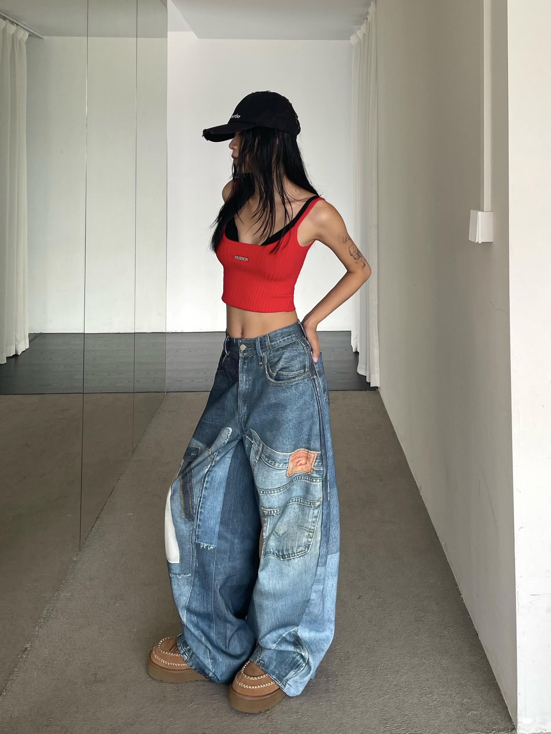 Vintage Patchwork Printed Denim Pants - Oversized Loose Wide-Leg Hip-Hop Style for High Street Fashion