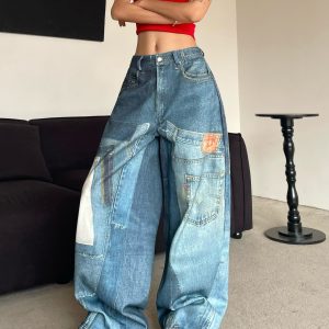 Vintage Patchwork Printed Denim Pants - Oversized Loose Wide-Leg Hip-Hop Style for High Street Fashion