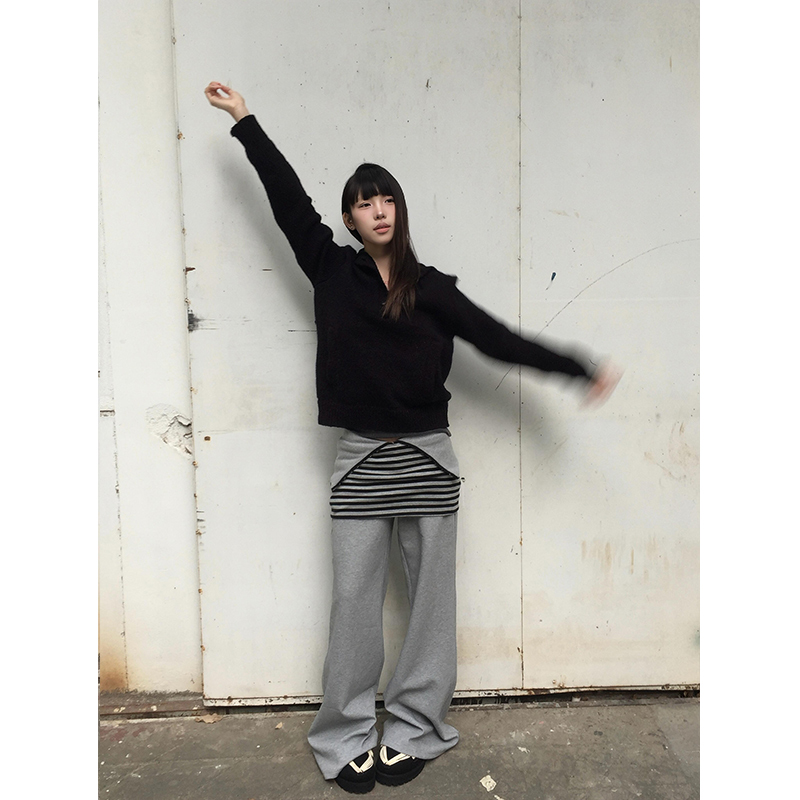 Vintage Patchwork Striped High-Waisted Wide-Leg Pants for Women - Casual Slim Fit Sports Trousers for Autumn and Winter