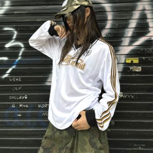 Vintage Patchwork Striped V-Neck T-Shirt with Letter Print - Long Sleeve Loose Fit Sports Top for 90s and Y2K Style
