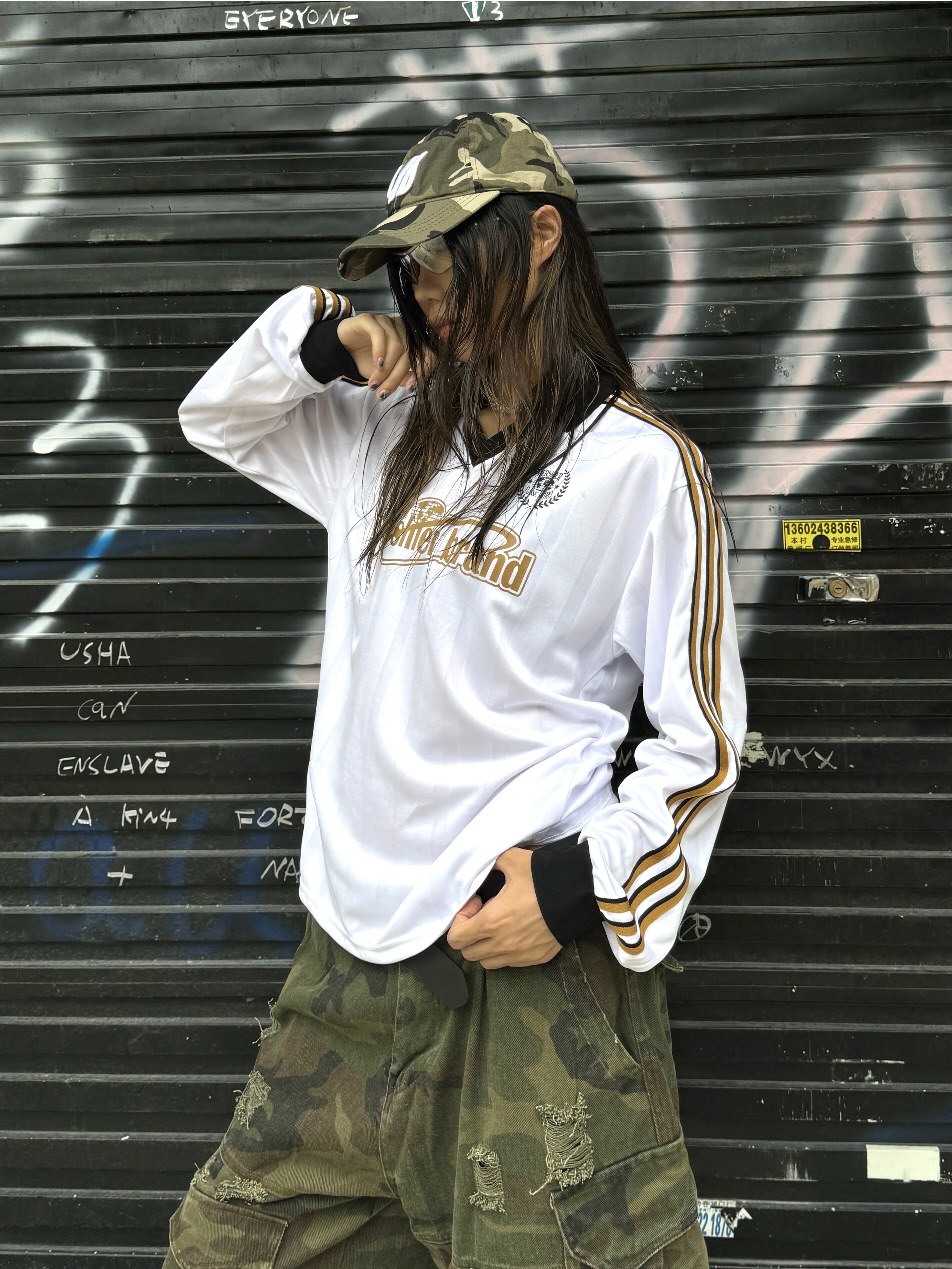 Vintage Patchwork Striped V-Neck T-Shirt with Letter Print - Long Sleeve Loose Fit Sports Top for 90s and Y2K Style