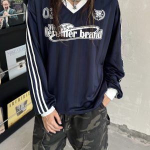 Vintage Patchwork Striped V-Neck T-Shirt with Letter Print - Long Sleeve Loose Fit Sports Top for 90s and Y2K Style