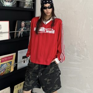 Vintage Patchwork Striped V-Neck T-Shirt with Letter Print - Long Sleeve Loose Fit Sports Top for 90s and Y2K Style