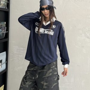 Vintage Patchwork Striped V-Neck T-Shirt with Letter Print - Long Sleeve Loose Fit Sports Top for 90s and Y2K Style