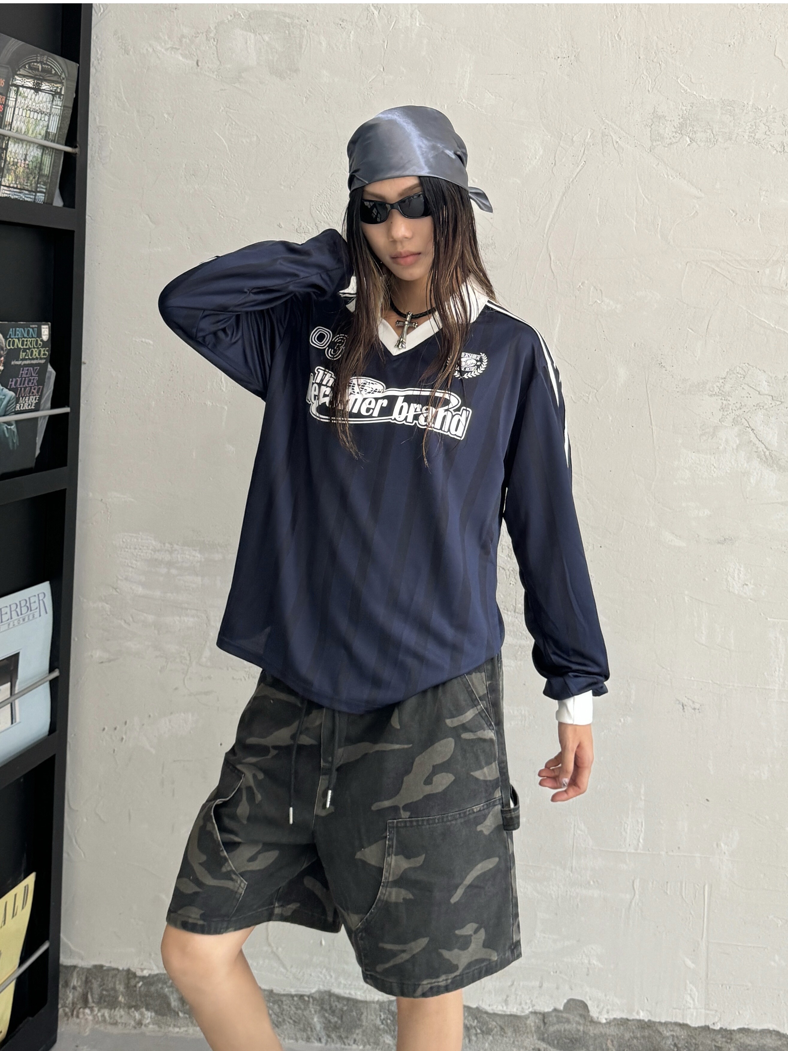 Vintage Patchwork Striped V-Neck T-Shirt with Letter Print - Long Sleeve Loose Fit Sports Top for 90s and Y2K Style