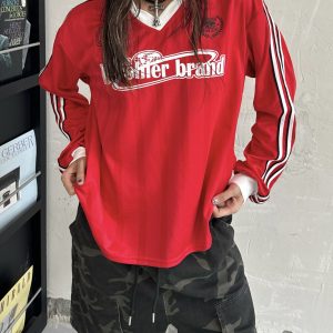 Vintage Patchwork Striped V-Neck T-Shirt with Letter Print - Long Sleeve Loose Fit Sports Top for 90s and Y2K Style
