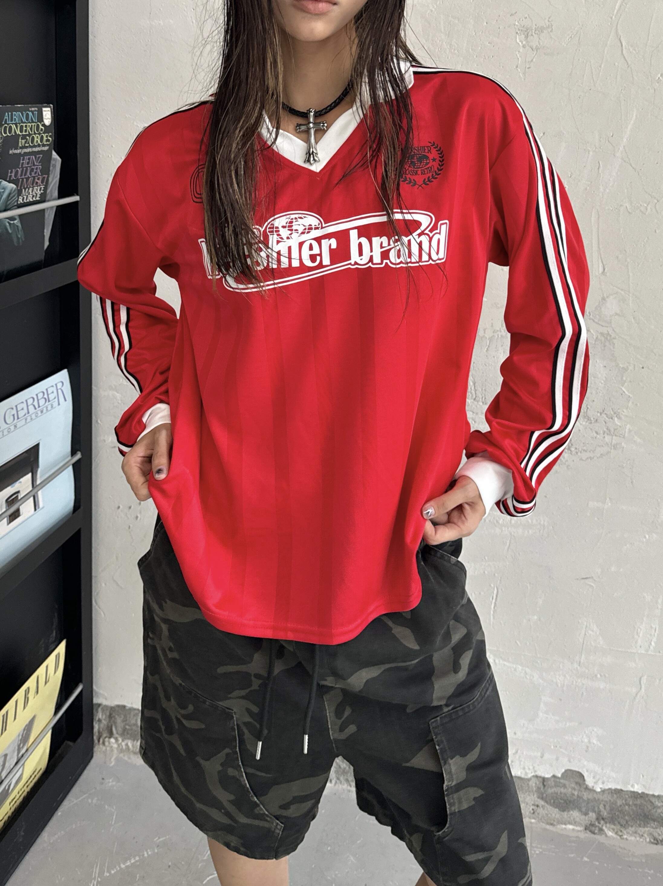Vintage Patchwork Striped V-Neck T-Shirt with Letter Print - Long Sleeve Loose Fit Sports Top for 90s and Y2K Style