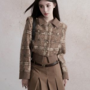 Vintage Plaid Brown Wool Short Coat - 90s Inspired Gossip Girl Style Outerwear
