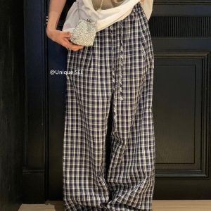 Vintage Plaid Pleated Summer Pants for Women - Classic Loose Fit, Comfortable and Versatile Casual Trousers, Ideal for Relaxed Style
