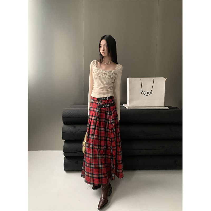 Vintage Plaid Split Hem Skirt - Eccentric Autumn Trendy Casual Versatile Slimming Pleated Long Skirt for 90s Inspired Style