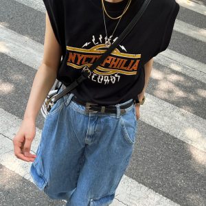 Vintage Print Hip-Hop Vest for Women - Sleeveless Black T-Shirt, Summer American High Street Style, Niche Design