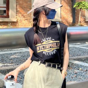 Vintage Print Hip-Hop Vest for Women - Sleeveless Black T-Shirt, Summer American High Street Style, Niche Design