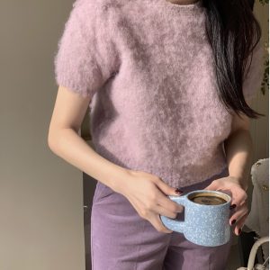 Vintage Purple Short-Sleeve Knitted Top in Wool - IAC Korean Style, Chic 90s Inspired Fashion