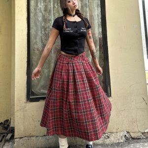 Vintage Red Plaid Midi Skirt for Summer - Slim A-Line Pleated Design, American Style, Spicy Girl Fashion, Y2K Aesthetic